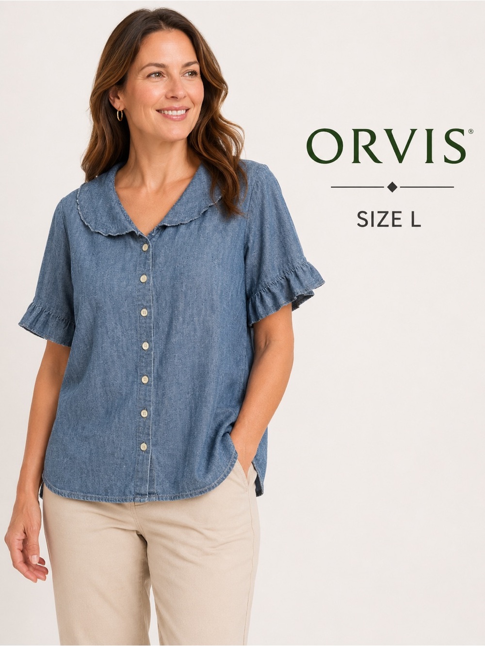Orvis Chambray cotton  Button Front Ruffle Sleeve Blouse Size L Cottagecore